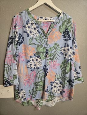 Emily Daniels Tropical Print Linen Blend Blouse 3/4 Sleeve Size XL